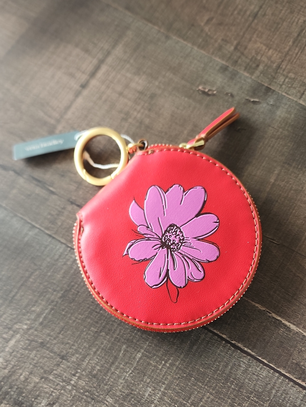 Vera Bradley FLOWER Round Zip Pouch Leather GOJI BERRY RED Purse Charm Key Ring